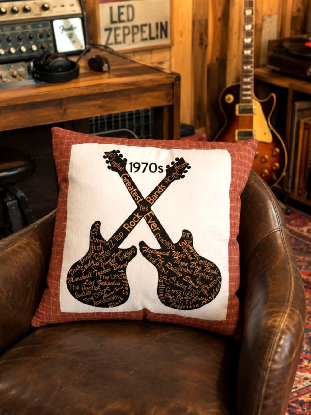 Rock Band Pillow Cover 1970s Guitars Handmade Music Room Decor 20 x 20 inches